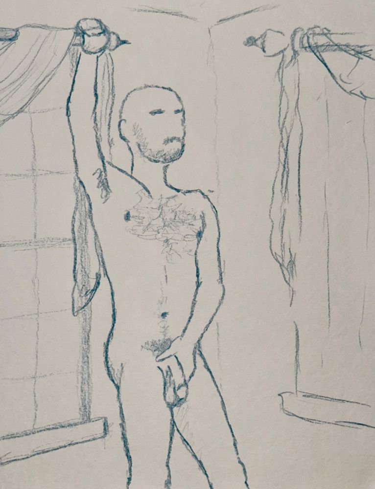 Colored pencil sketch in slate blue of a nude man, leaning against a wall in a corner flanked by two windows as he grips the curtain rod with one hand and his undercarriage with the other hand