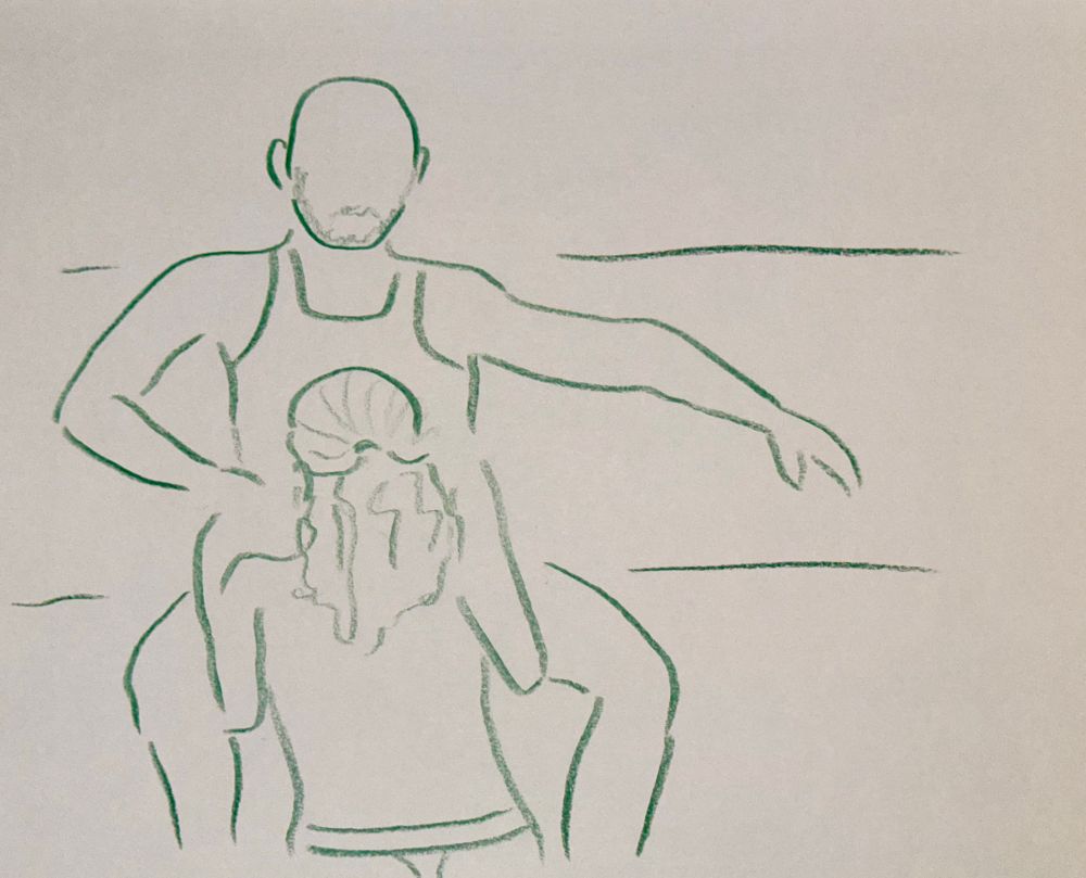 Colored pencil sketch in green, indicating a man seated on a couch wearing a tank top while another man is crouched in front of him with his head in proximity to the other man’s crotch