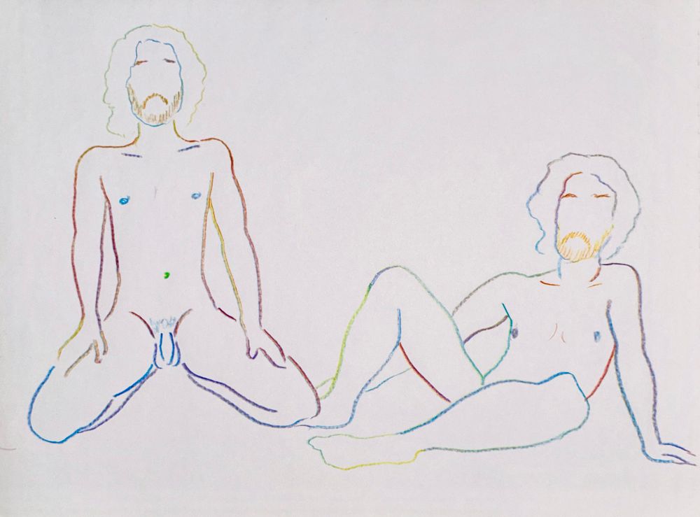 Two multicolored pencil sketches of a nude male model in two poses