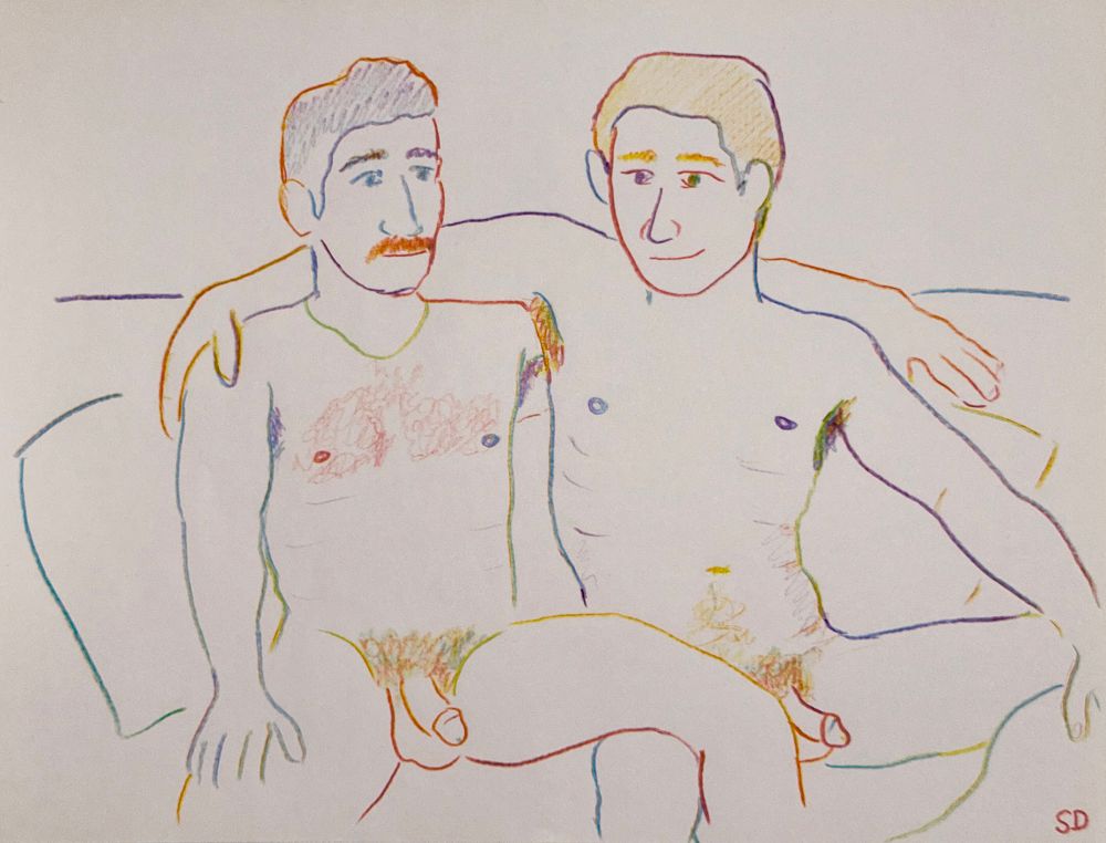 A multicolored pencil sketch, and a simple style of two nude men seated on a couch with their arms around each other‘s shoulders and one knee over the other’s knee