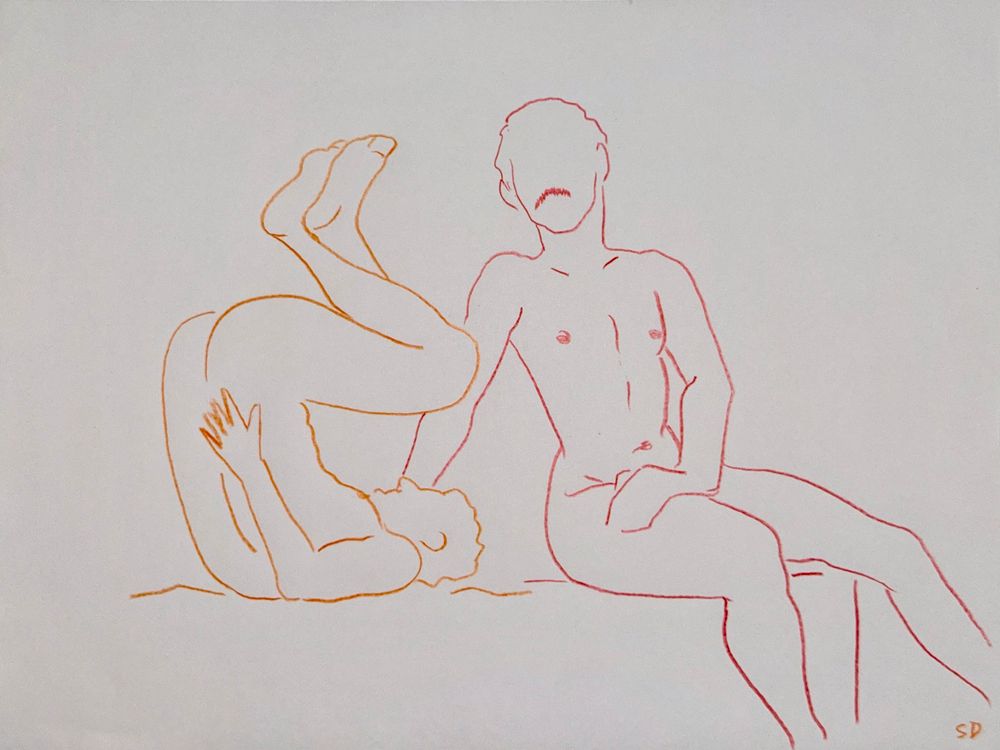 Two colored pencil drawings in a simple style of a new model in two different poses. One of the poses is a curled shoulder stand, and the other is seated on a bench.