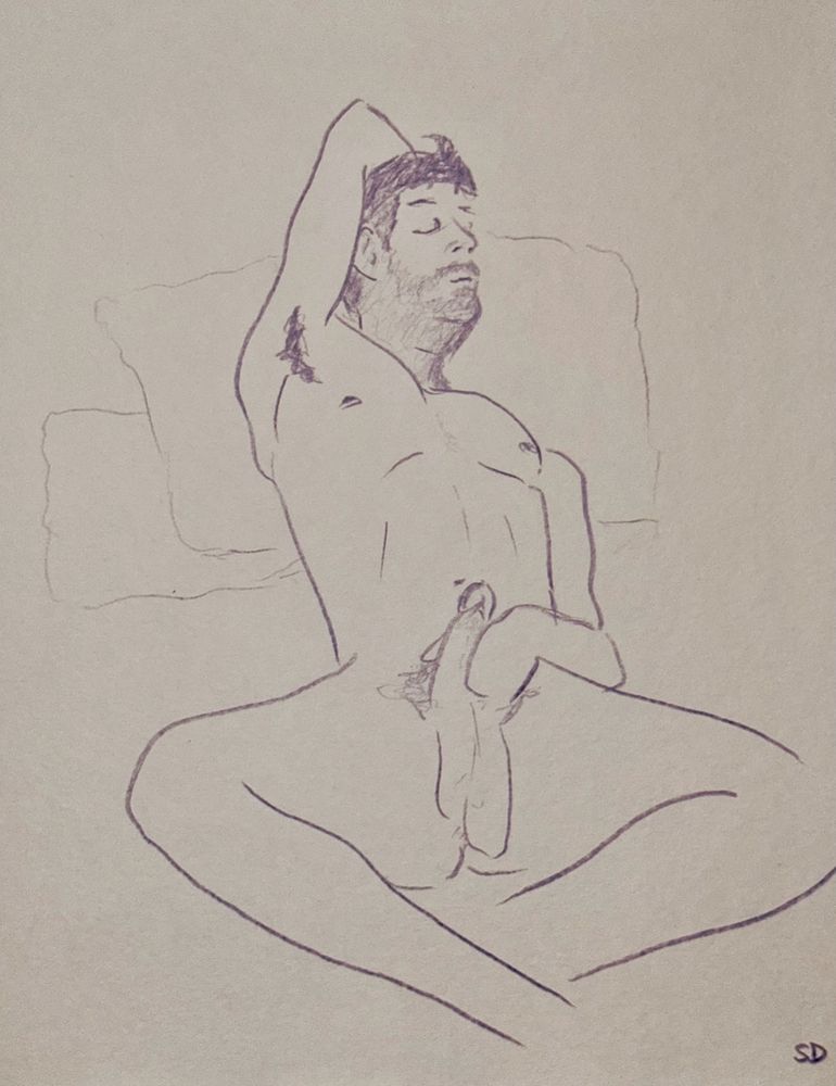 A colored pencil sketch in lavender of a nude man reclining on pillows while gripping his penis and leaning back with the sensation