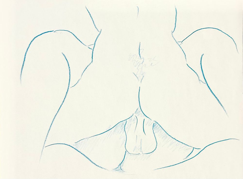 A colored pencil sketch in a simple style of two men seen from behind/underneath while grinding. One large scrotum hanging down against the buttocks of the other model, their legs intertwined.