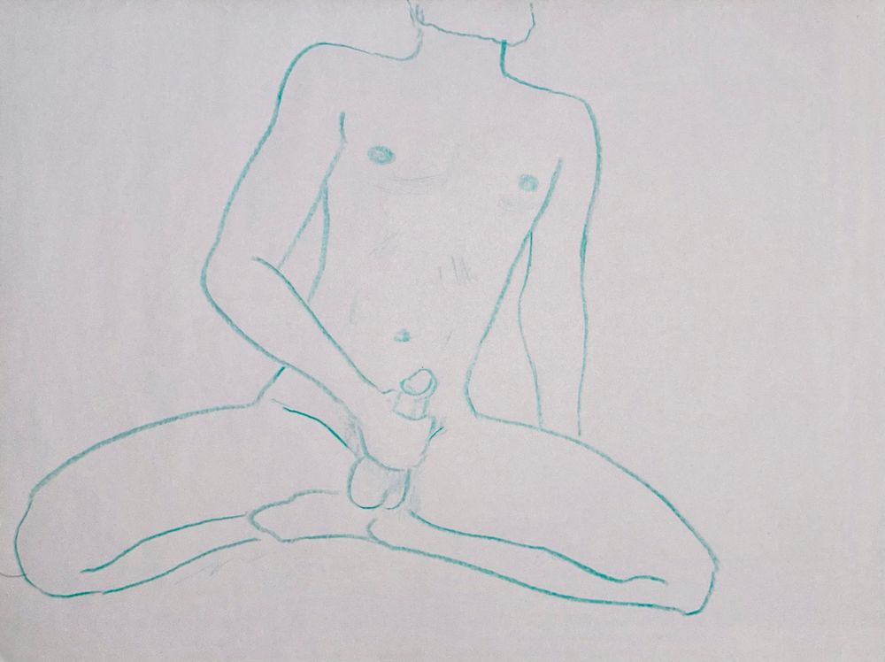 A colored pencil sketch in aqua blue of a nude man kneeling, holding his erect cock in his hand