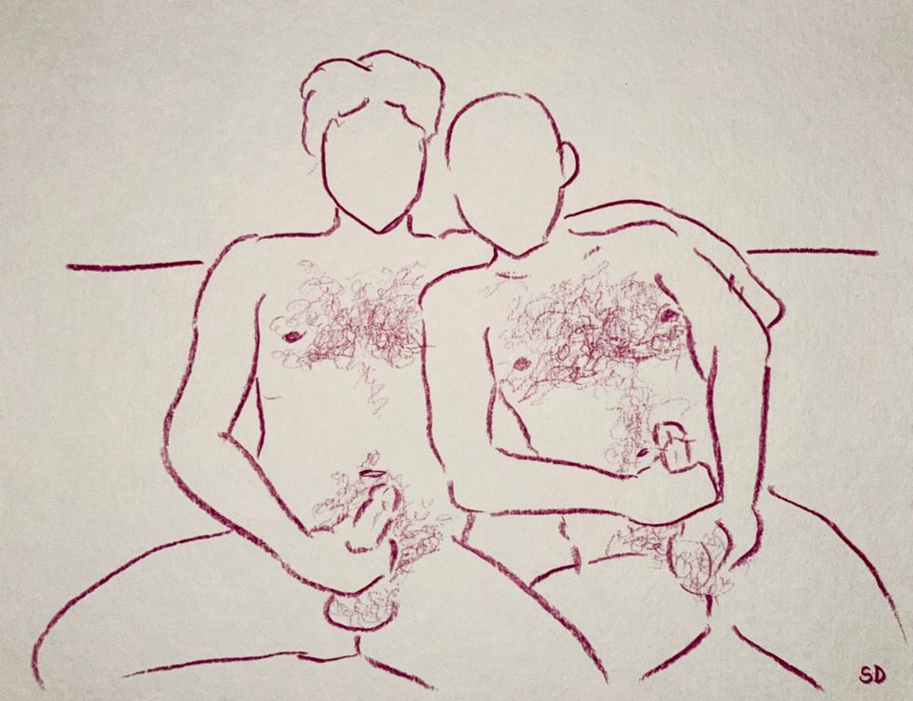 A colored pencil sketch in red of two models seated next to each other and gripping their own hard cocks. 