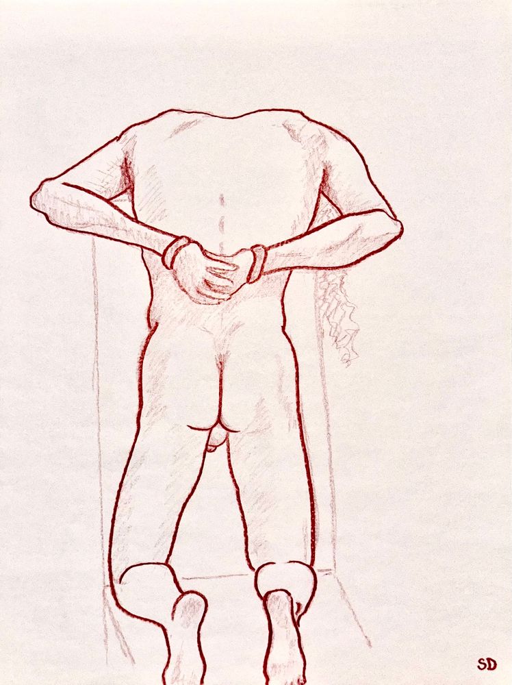 A colored pencil sketch in red of a nude man, kneeling, his hands bound behind his back, and his voluptuous head of hair hidden mostly from view