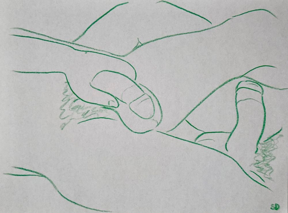 A colored pencil, Sketching green and a simple style of two men’s crutches, nestled together, their engorged dicks enjoying the moment