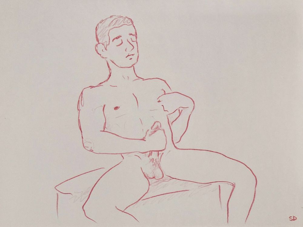 A colored pencil sketch in red of a nude man seated on a bench, gripping his direct cock while pitching his own nipple