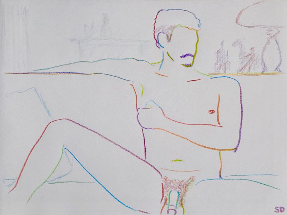 A multicolored pencil sketch of a nude man seated on a couch, one arm draped over the back of the couch and one grasping his chest