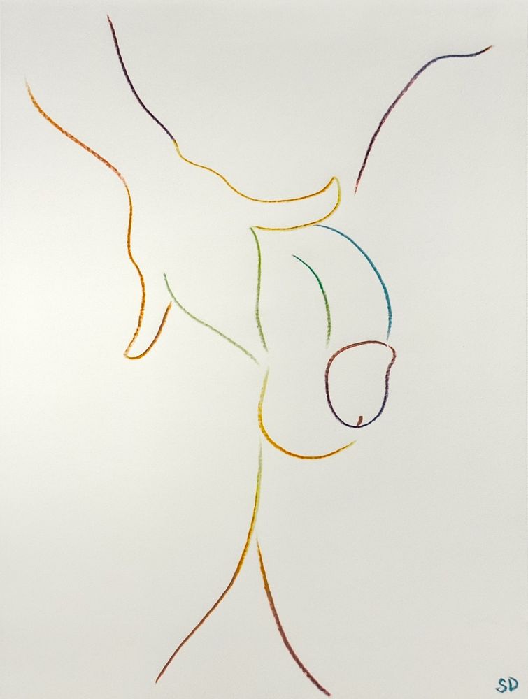 A multicolored pencil sketch in a very simple style indicating a stylized hand and penis/scrotum