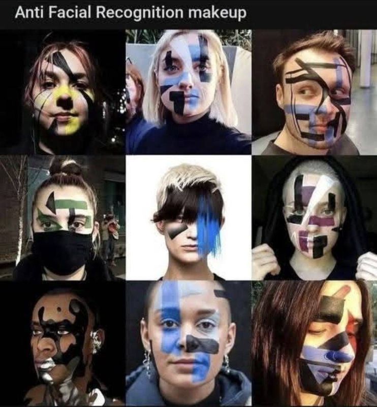 nine different young people in a grid wearing facial makeup to confuse surveillance cameras and add more slop to AI databases. 