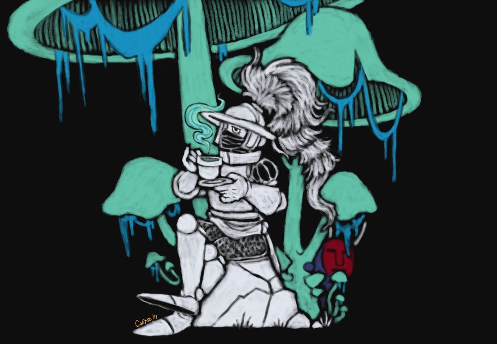 a digital drawing of my person from dread delusion dressed in their armor and fine clothes sitting on a rock enjoying some scryshroom tea with pinky out while enjoying the mushroom landscape. a small imp hides among the teal mushrooms next to the rock.