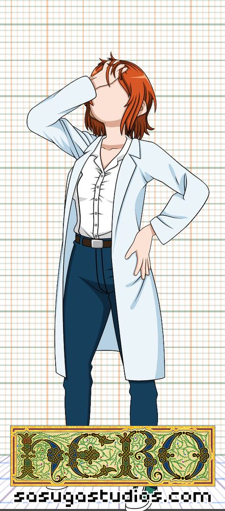 2D vector illustration of a character sprite, woman in a shirt and pants with a lab coat on top
