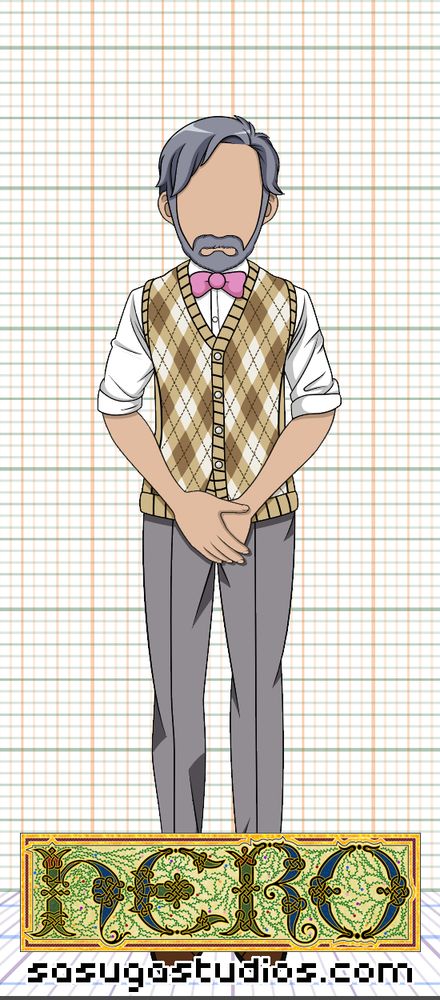 2D vector illustration of a character sprite, older man in an argyle sweater vest and slacks
