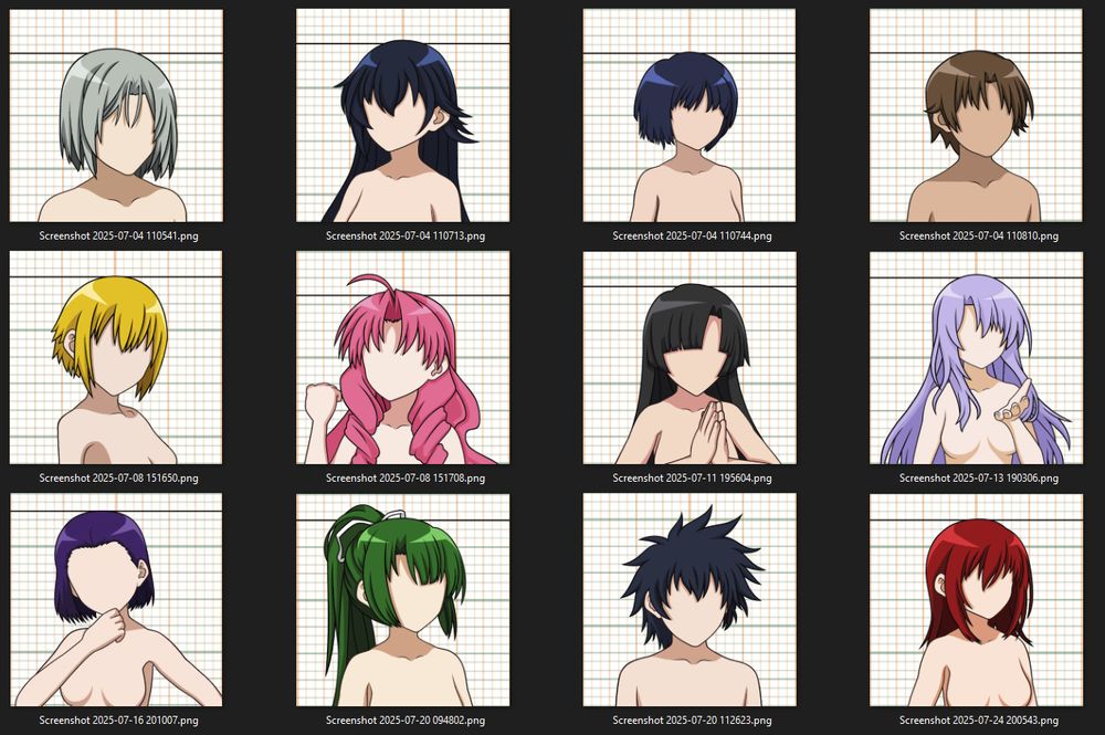 thumbnail images of 2D character illustrations, vector art, showing bust of head to upper chest, no facial features