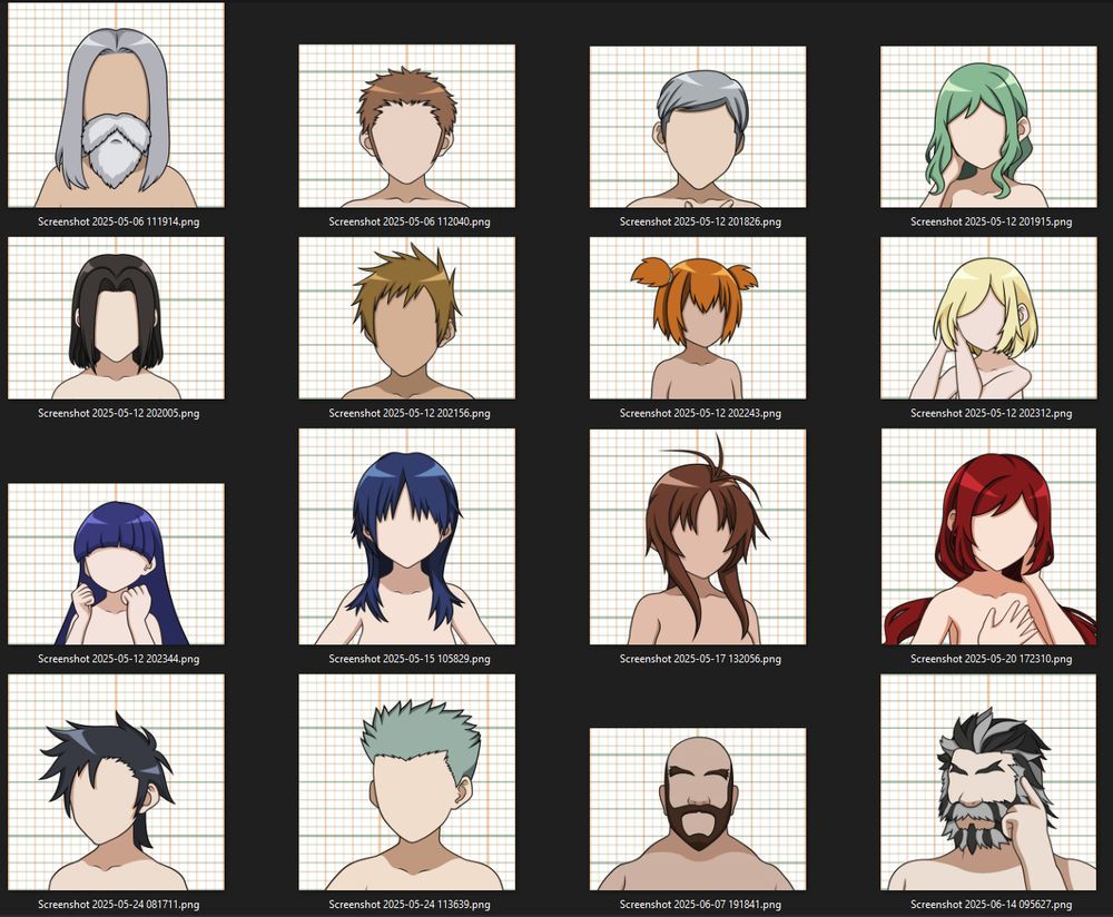 thumbnail images of 2D character illustrations, vector art, showing bust of head to upper chest, no facial features
