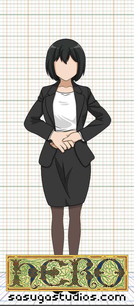 2D vector illustration of a character sprite, woman in a dark suit jacket and miniskirt 
