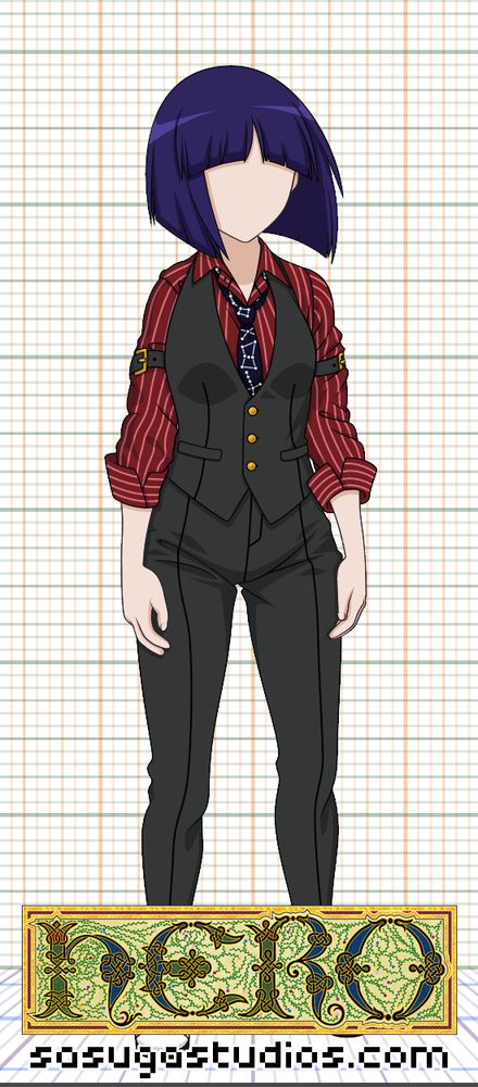 2D vector illustration of a character sprite, woman in a dark waistcoat and pants with a red striped shirt