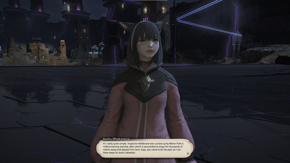 Screenshot of Nashu from FFXIV during the Dawntrail Hildibrand quests saying "Its really quite simple, Inspector Hildibrand was sucked up by Mister PuPu's malfunctioning starship, after which it proceeded to drag him thousands of malms away and deposit him here. Ergo, you need to let me pass so I can blow away his brain cobwebs!"
