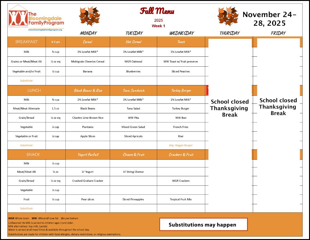 Menus for the upcoming week, in English