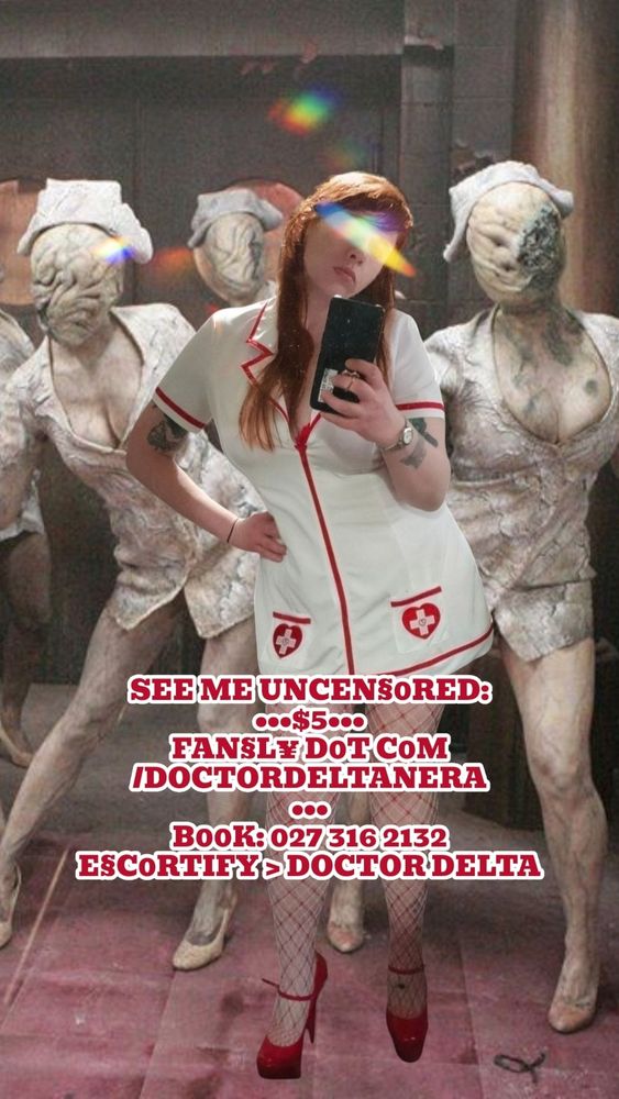Mirror selfie of delta in nurse uniform edited into a photo of silent hill cosplayers