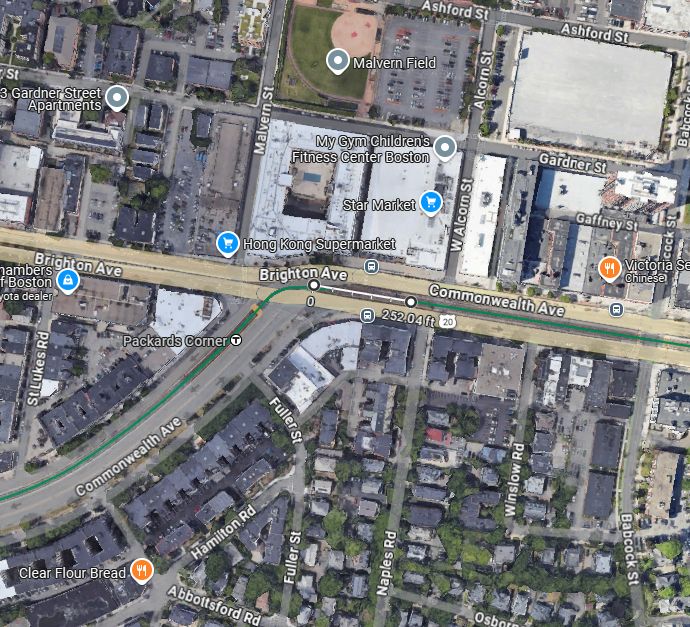 A Google Maps image of a potential Packards Corner station rebuild of the MBTA's B line including a rough estimate of the platform position and length.