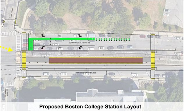 Design schematic of the proposed rebuilt Boston College station of the MBTA's B line.