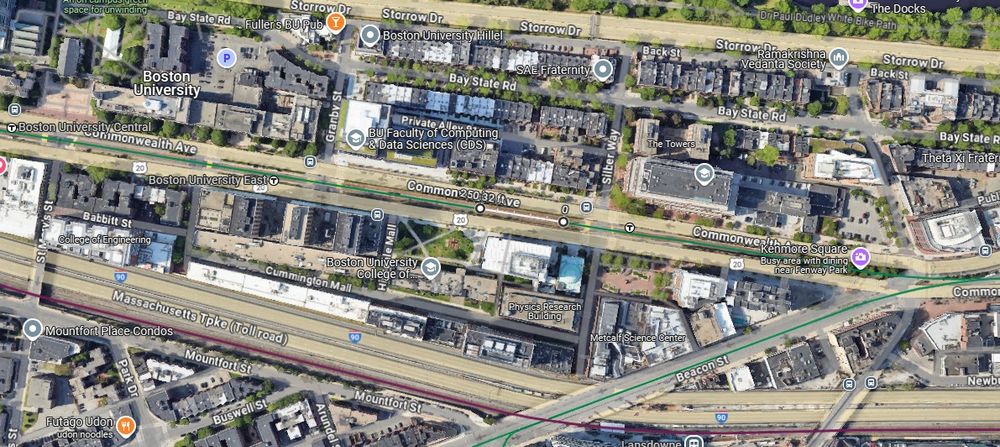A Google Maps image of a potential BU East/Blandford Street station rebuild of the MBTA's B line including a rough estimate of the platform position and length.