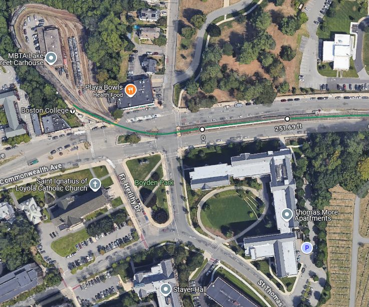 A Google Maps image of the proposed rebuilt Boston College station of the MBTA's B line including a rough estimate of the platform position and length.