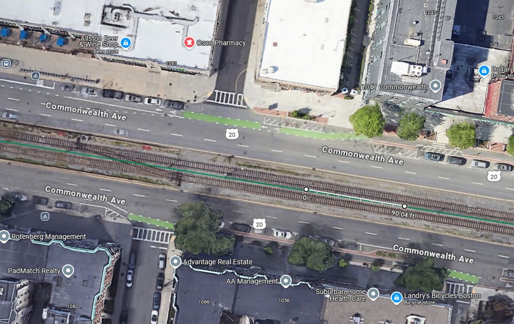 A Google Maps image of a potential Naples Road crossover rebuild of the MBTA's B line including a rough estimate of the crossover position and length.