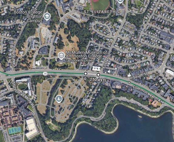 A Google Maps image of a potential Foster Street station of the MBTA's B line including a rough estimate of the platform position and length.
