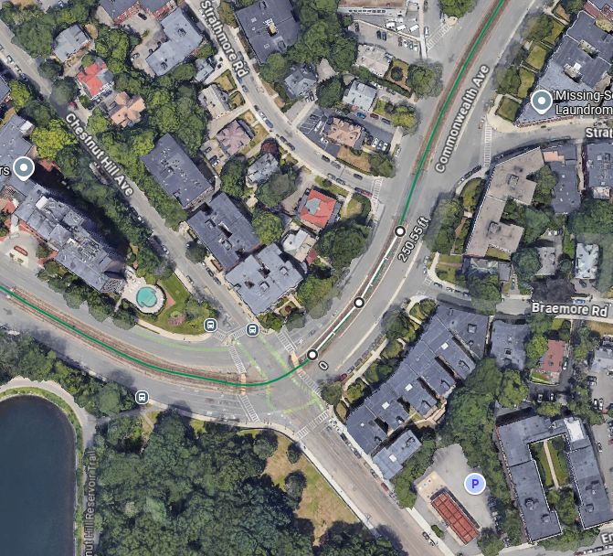 A Google Maps image of a potential Chestnut Hill Avenue station rebuild of the MBTA's B line including a rough estimate of the platform position and length.