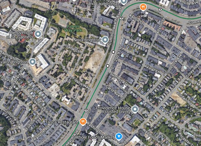 A Google Maps image of a potential Summit Avenue station of the MBTA's B line including a rough estimate of the platform position and length.