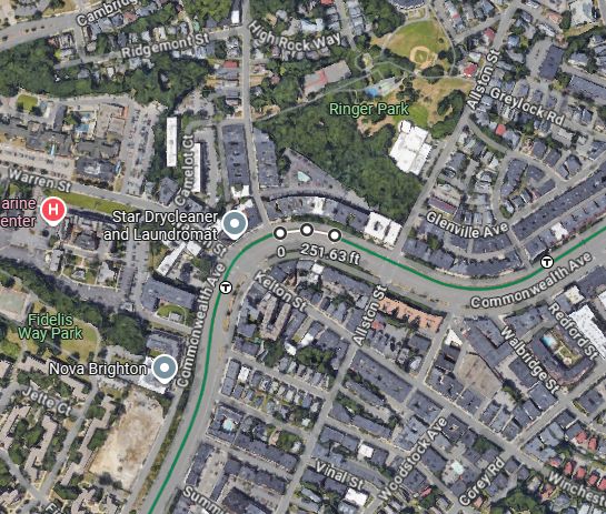 A Google Maps image of a potential Warren Street/Allston Street station rebuild of the MBTA's B line including a rough estimate of the platform position and length.