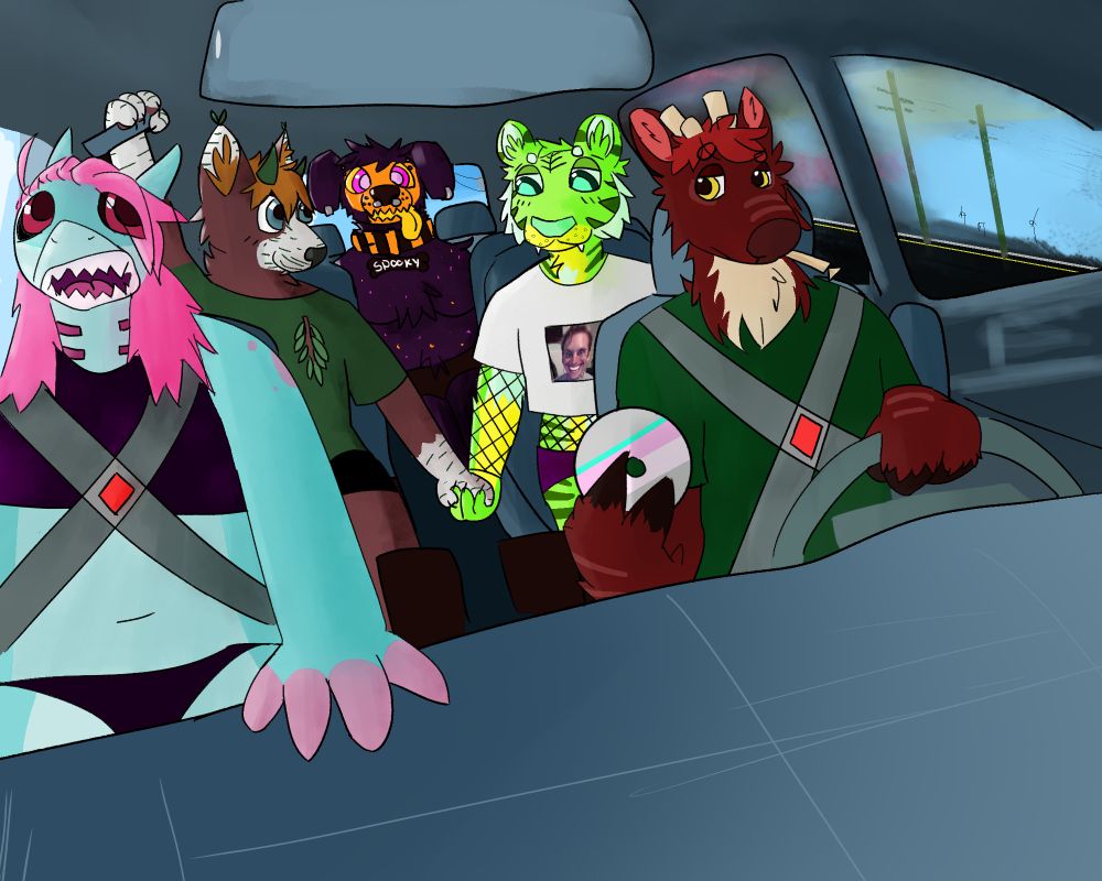 road trip with 5 characters (blue shark wendi, red deer tenn, green tiger hoji, cat dragon cato, and rottweiler spooky) 