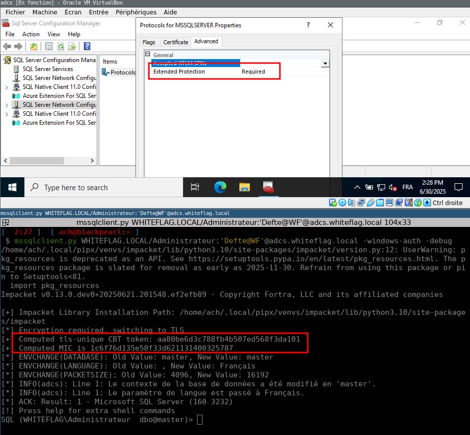 A screenshot of two windows. The top is a view of the Microsoft SQL management GUI showing that “Extended Protection” is enabled for NTLM authentication. The bottom is a terminal showing an invocation of Impacket’s mssqlclient.py successfully connecting using channel binding.