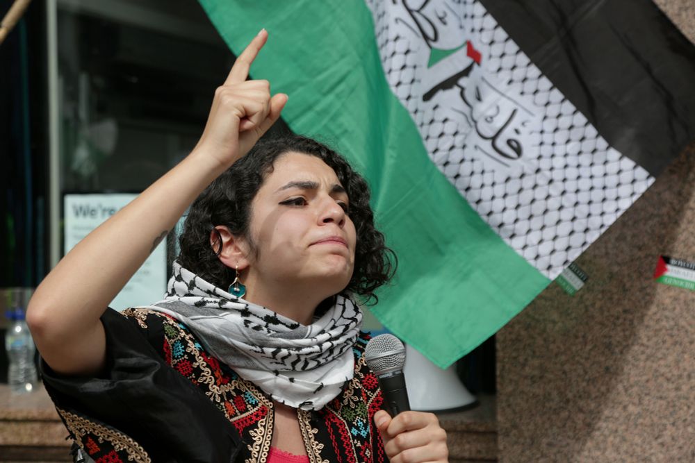 Protest outside Barclays Bank, Belfast, 09.08.25. With guest speaker Dr. Shahd Hammouri - Lecturer in International Law and Legal Theory. Photo by Stuart Bailie.