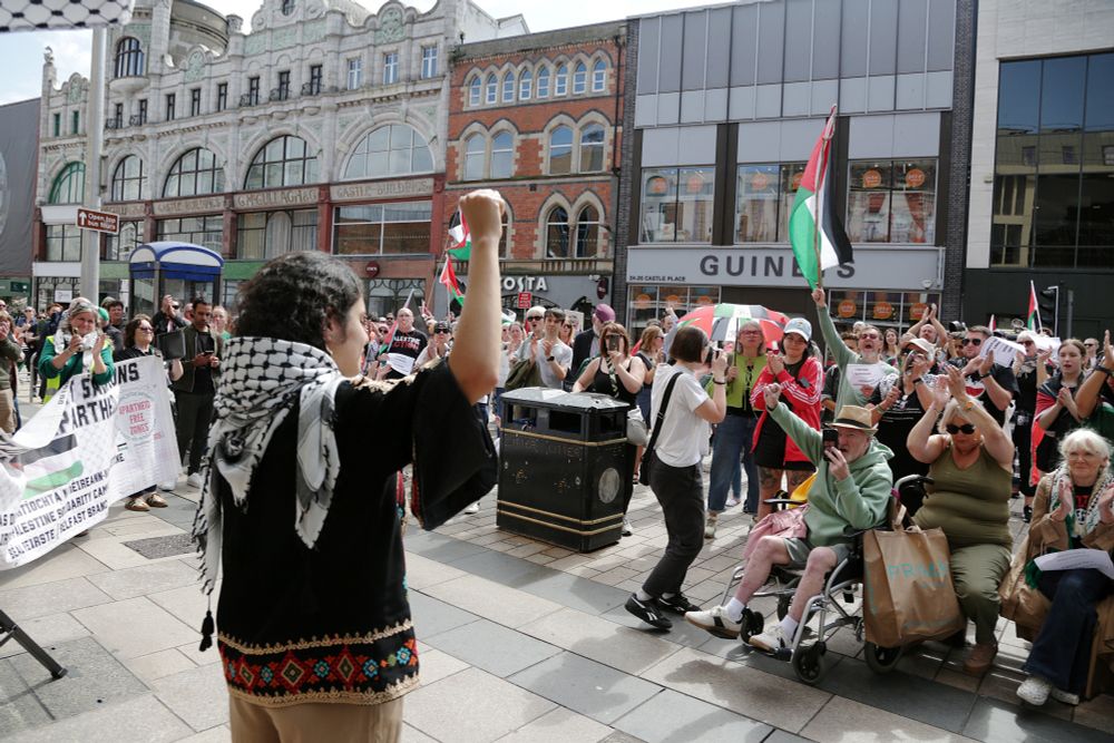 Protest outside Barclays Bank, Belfast, 09.08.25. With guest speaker Dr. Shahd Hammouri - Lecturer in International Law and Legal Theory. Photo by Stuart Bailie.