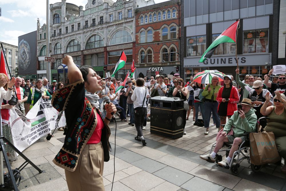 Protest outside Barclays Bank, Belfast, 09.08.25. With guest speaker Dr. Shahd Hammouri - Lecturer in International Law and Legal Theory. Photo by Stuart Bailie.