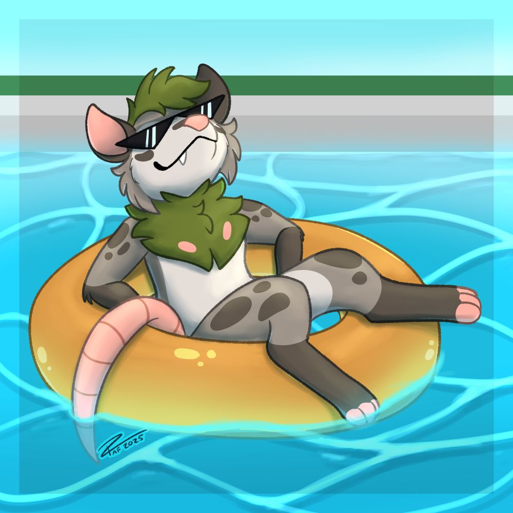 An anthro possum with sunglasses sitting in an orange tube floaty in a pool
