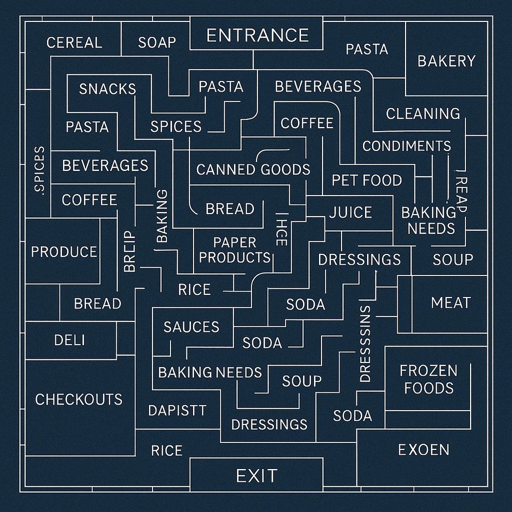 A blueprint of a grocery store layout as if it were a maze, complete with AI generated non-sensical names of categories like “Exoen” and “Ihge.”