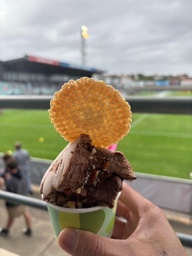 two scoops of gelato, courtesy of the fine folk from Gelatissimo

(I turned the wafer around because it had a WSW logo on it and I’m the Sydney women’s ground announcer 🤣)