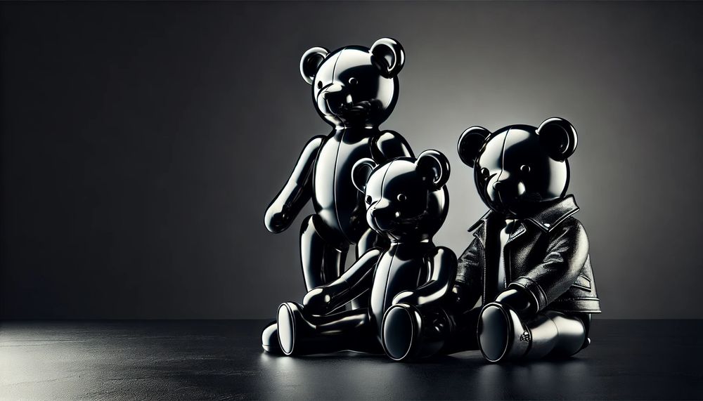 Three shiny black leather teddy bears, one of them is wearing a motorcycle jacket, the other two are unclothed.