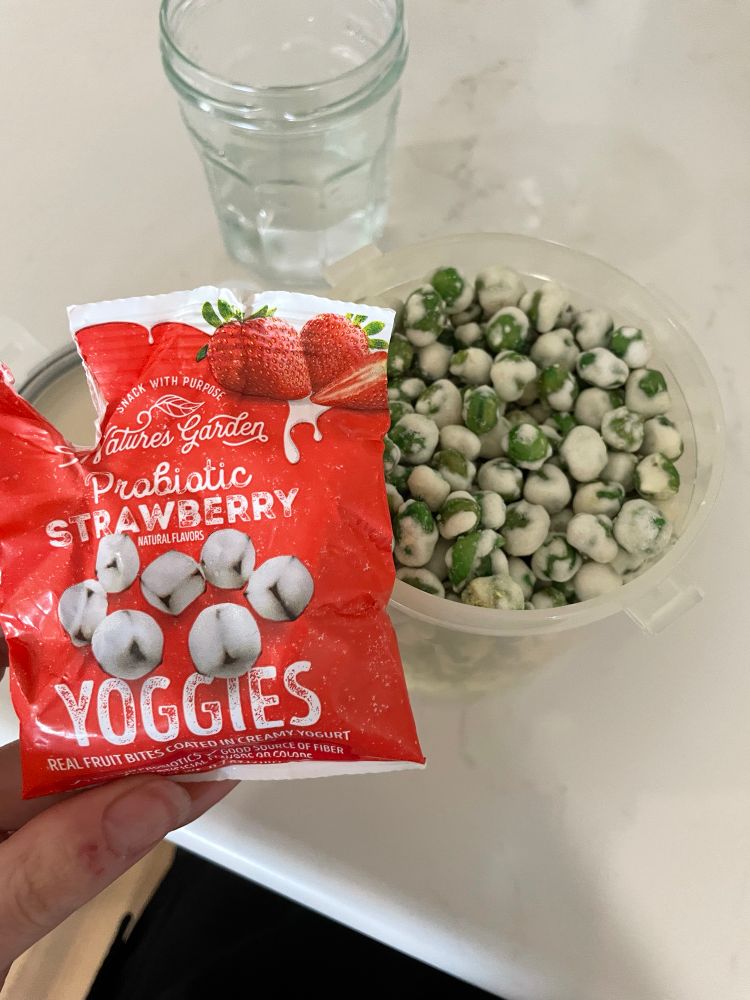 Picture comparing probiotic strawberry yoggies to wasabi peas.