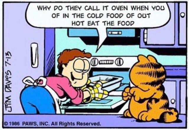 Garfield comic in which John says to Garfield: “Why do they call it oven when you of in the cold food of out hot eat the food”