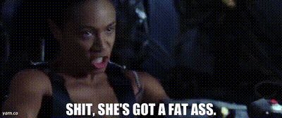 GIF of Jada Pinkett Smith in The Matrix saying “shit she’s got a fat ass” when trying to fly the ship