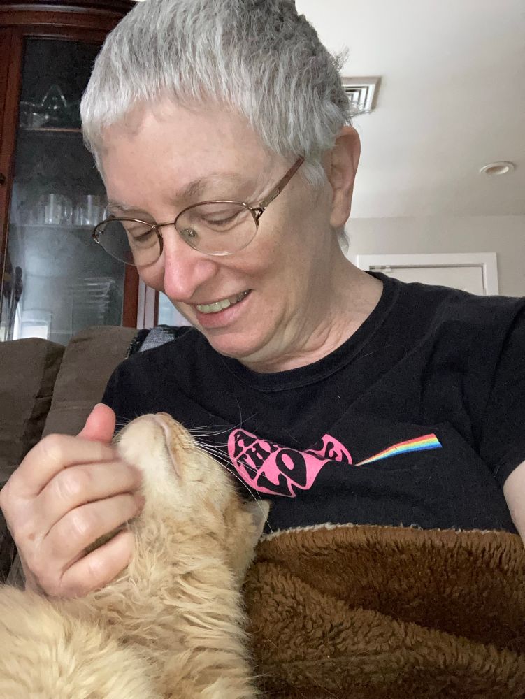 A woman in a black T-shirt pets an orange tabby cat. They are looking at each other. The woman is smiling.