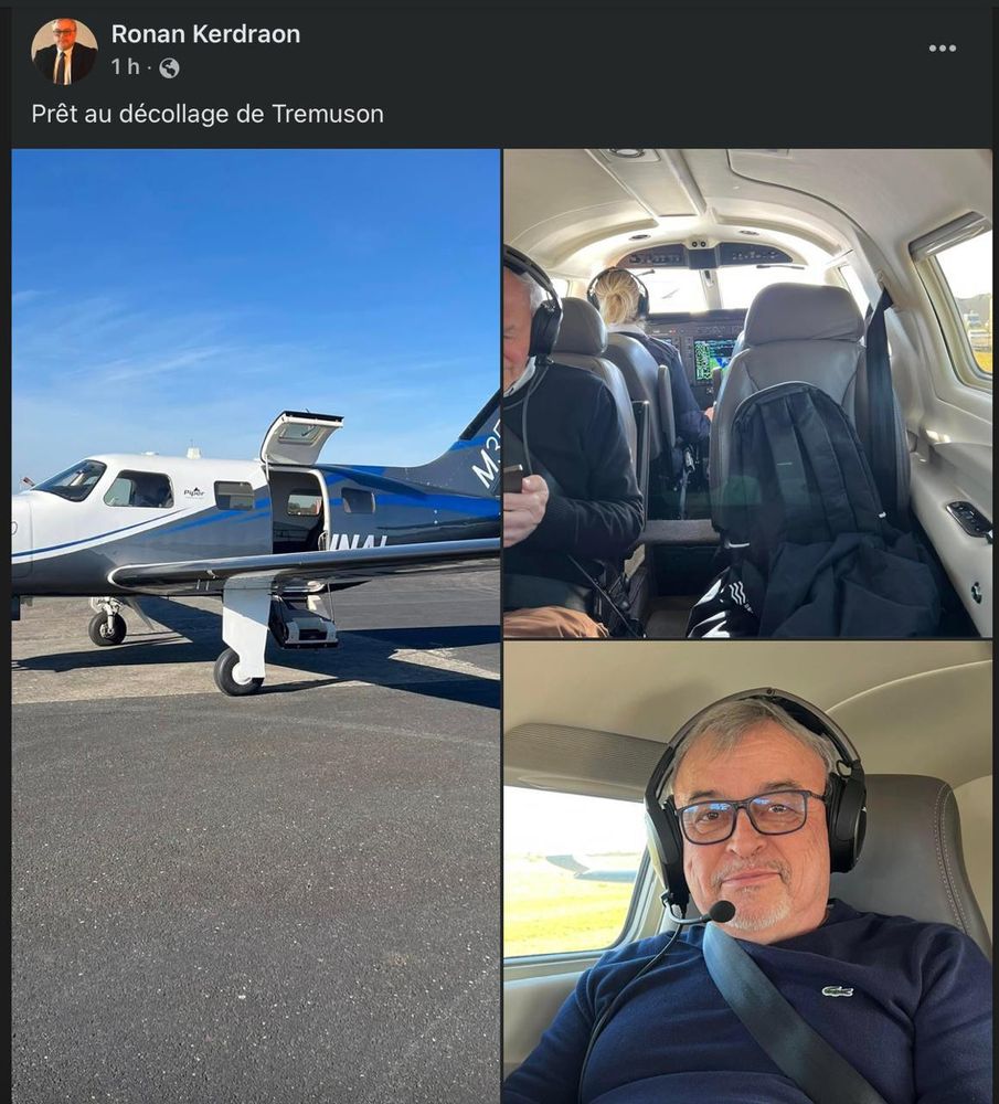 Capture de la page Facebook de Mr Kerdraon : 1 photo d’un jet privé + 2 photos avec Mr Kerdraon avec casque et micro, à bord du jet 