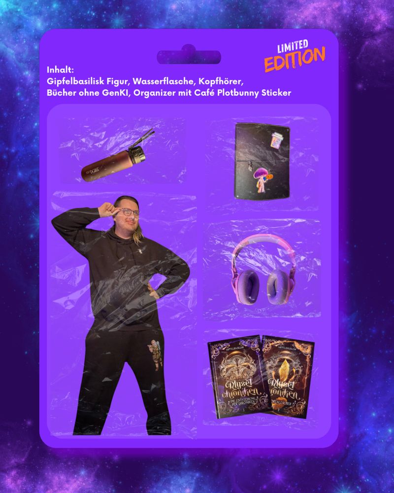 Actionfigur Gipfelbasilisk auf Lila sternenhintergrund
Contents: Gipfelbasilisk Figur, Wasserflasche, Kopfhörer, Bücher ohne Gen-KI, Organizer mit Café Plotbunny Sticker - Zur erstellung dieses Bildes wurde keine Gen-KI verwendet.