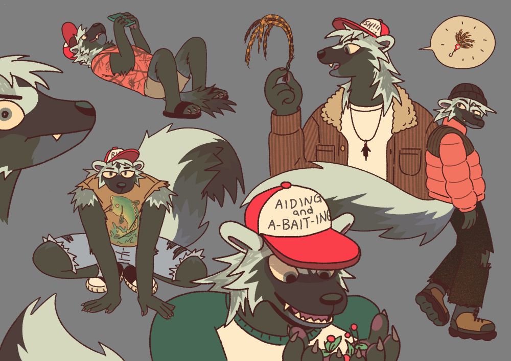 drawings of an anthro greater grison, he wears a skunk tail attachment to boost confidence. the hat he sports also has various sayings, probably all fish-related.